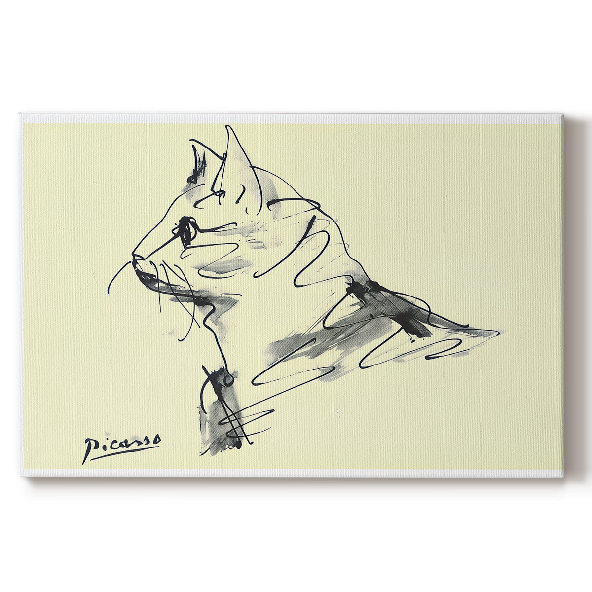 Canvas art print portraying a simple line drawing of cat in relaxed pose, set against a white background
