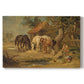 Canvas art print portraying farm animals gathered together feeding in outdoor setting, set against a white background
