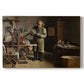 Canvas art print portraying a man working at printing table inside detailed workshop interior, set against a white background