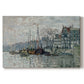 Canvas art print portraying a canal scene with boats and buildings lining waterfront in Amsterdam, set against a white background