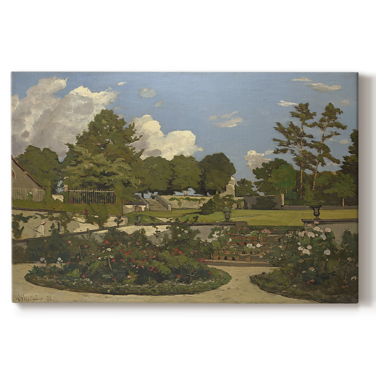 Canvas art print portraying a landscaped garden with trees, water, and open sky in peaceful setting, set against a white background