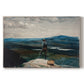 Canvas art print portraying a figure standing in small boat on open water with distant hills behind, set against a white background