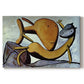 Canvas art print portraying an abstract cat interacting with large fish in simplified form, set against a white background