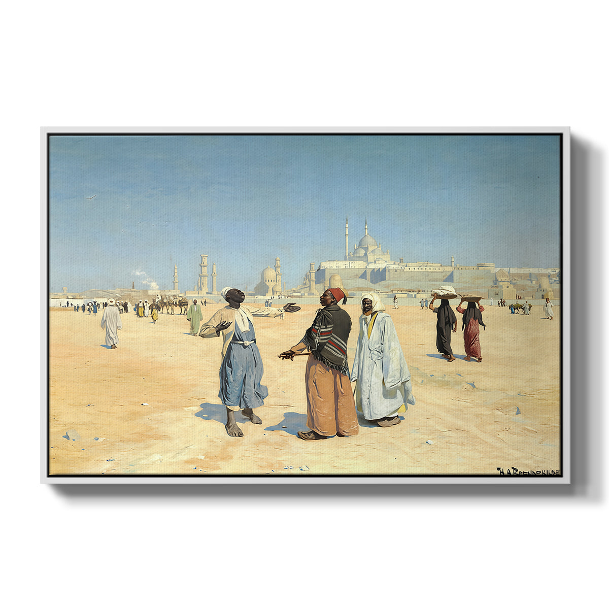 View from the Desert of Cairo with Citadel and Mamluk Tombs in the Background, c. 1889-1890 - Floater Framed Canvas Print