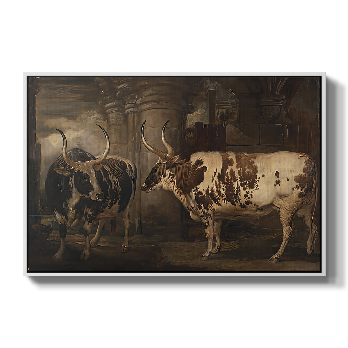 Portraits of Two Extraordinary Oxen, Property of the Earl of Powis, 1814 - Floater Framed Canvas Print