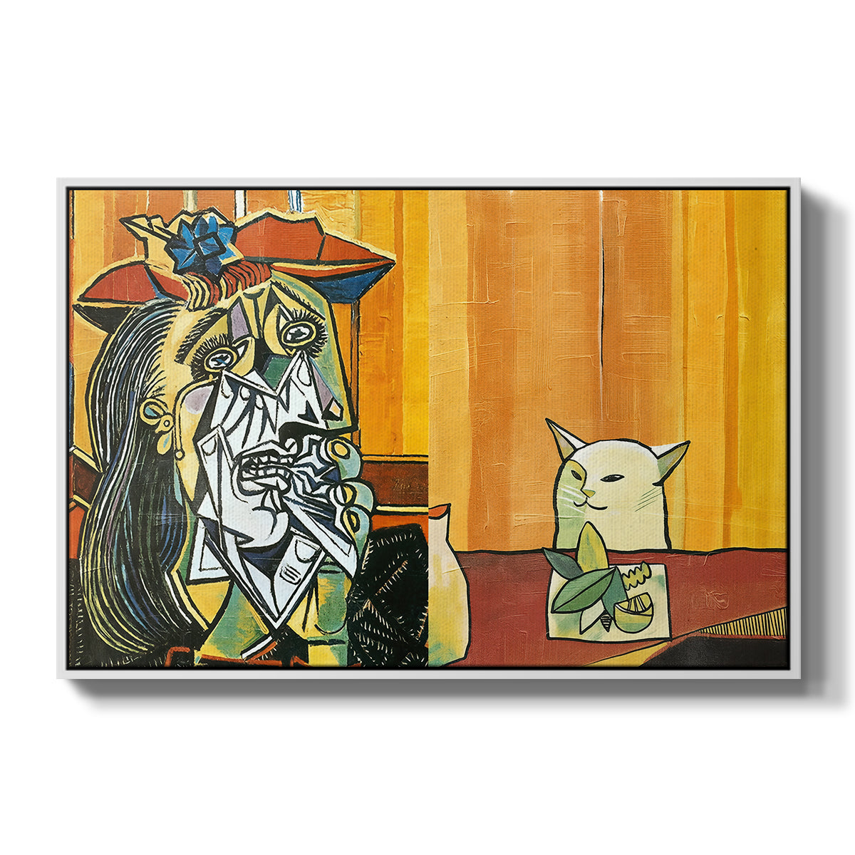 Woman Yelling at a Cat Meme (Picasso Parody) - Floater Framed Canvas Print
