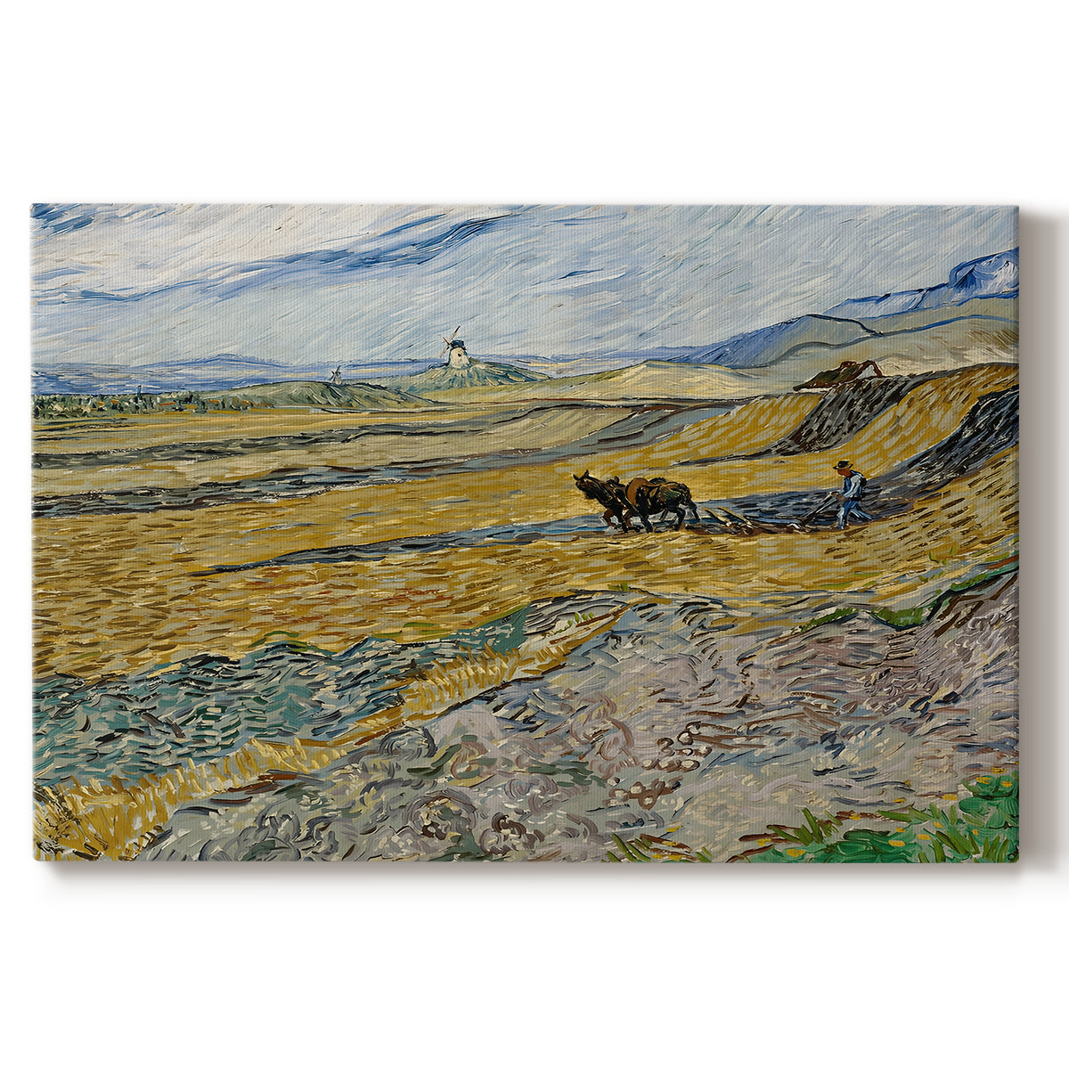 Canvas art print portraying a ploughed field enclosed by low walls with lone worker under broad sky, set against a white background