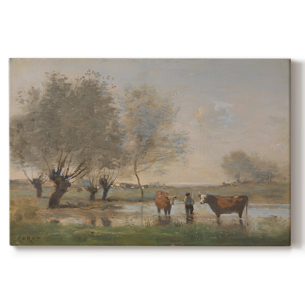 Canvas art print portraying a cows standing in wetland landscape with trees and water, set against a white background