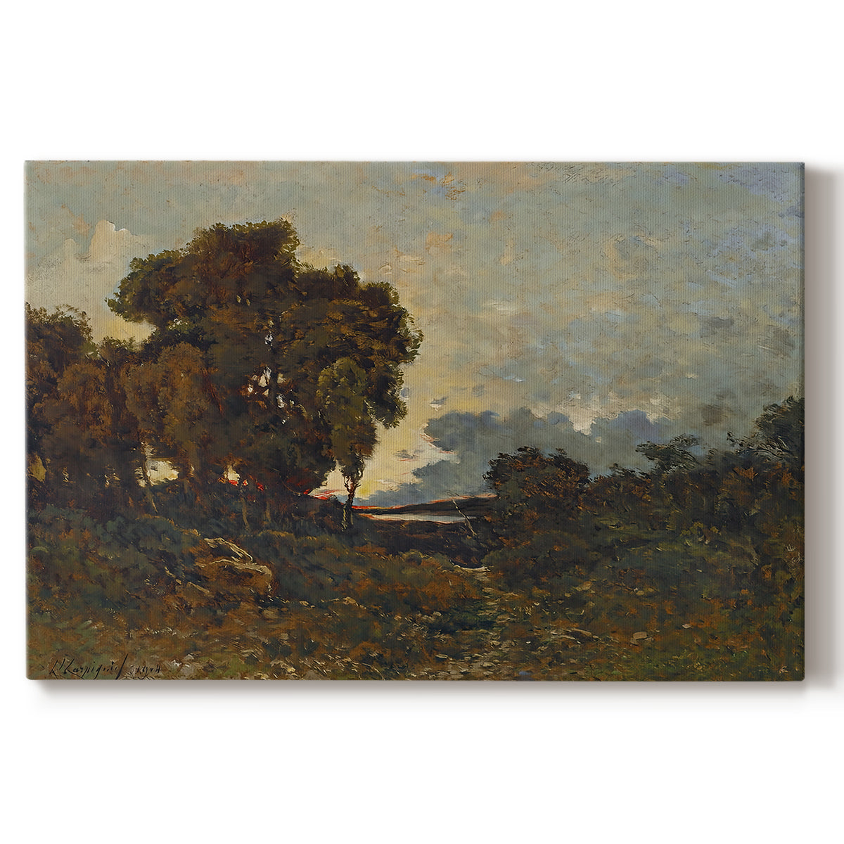 Canvas art print portraying a warm sunset over river landscape with glowing sky and reflections, set against a white background