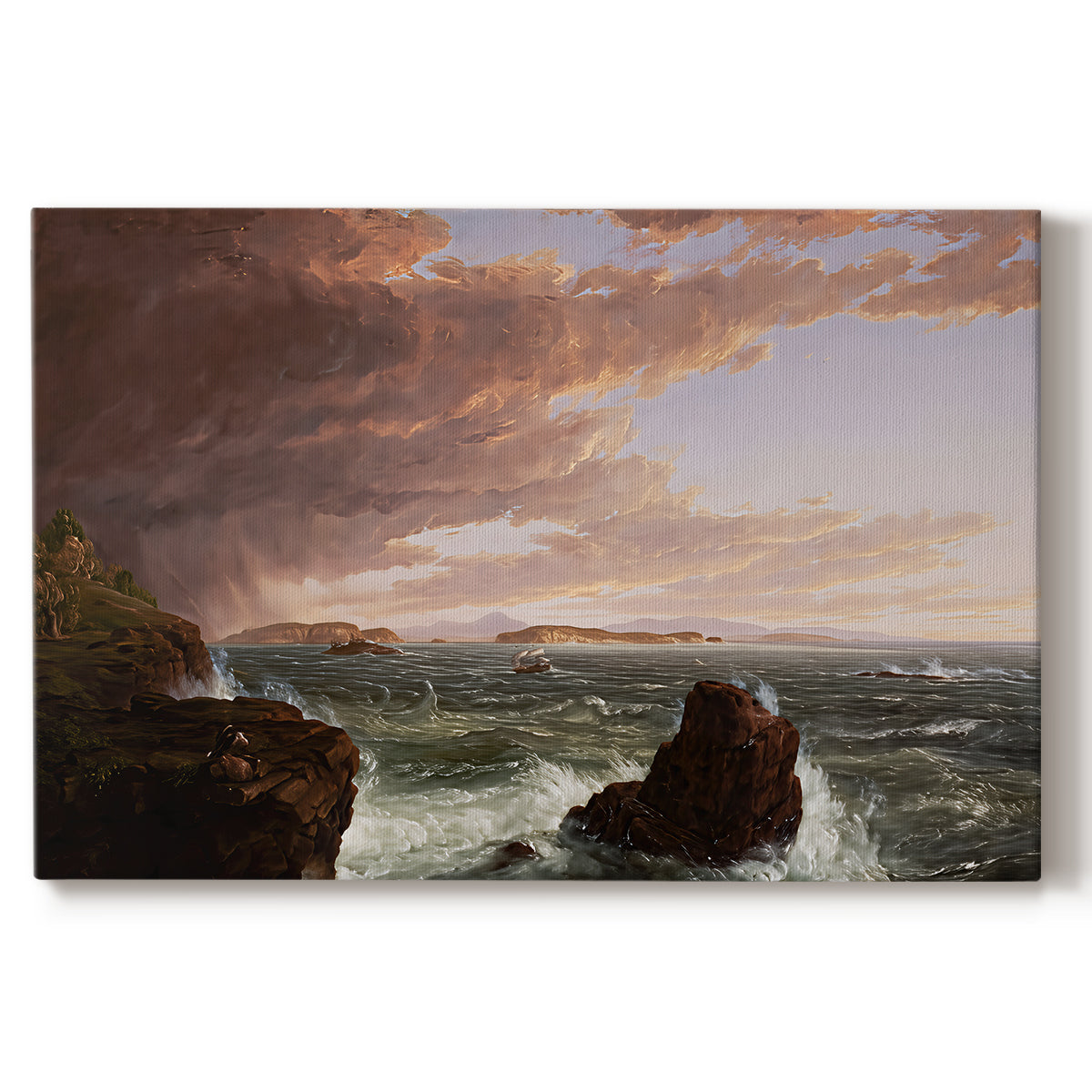 Canvas art print portraying a coastal landscape with water and sky clearing after storm, set against a white background