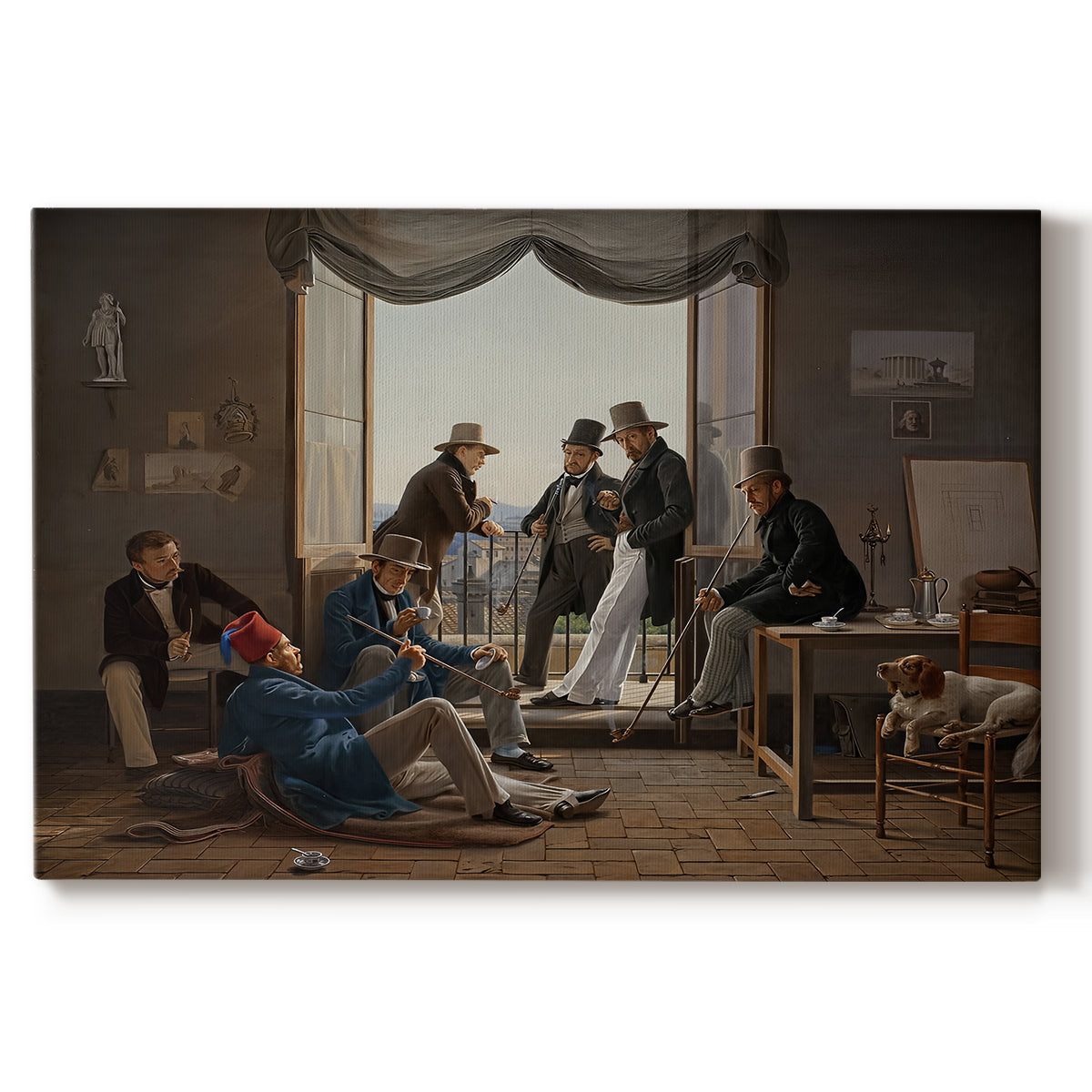Canvas art print portraying an interior composition filled with figures in festive interaction, set against a white background