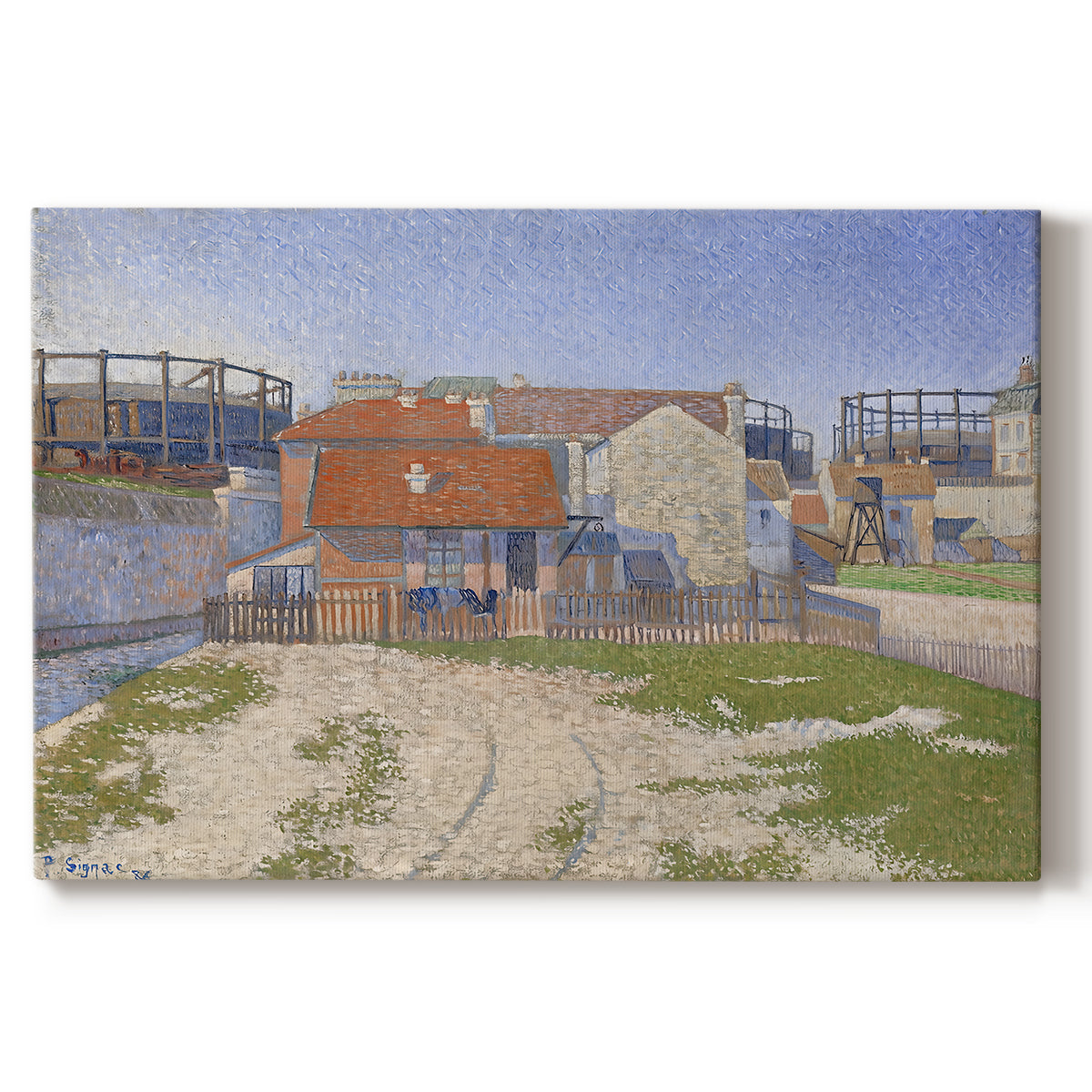 Canvas art print portraying industrial gas structures in urban landscape, set against a white background