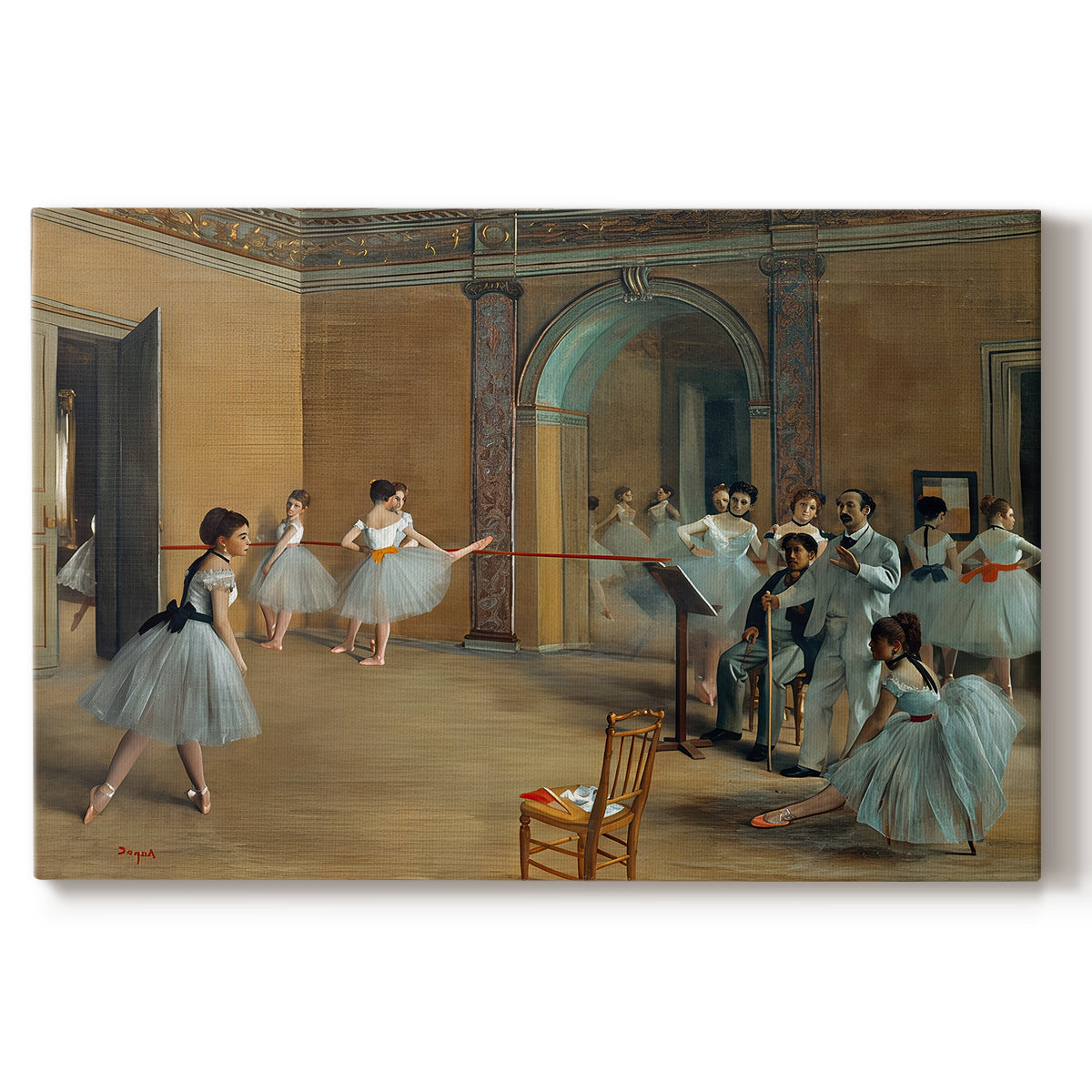 Canvas art print portraying ballet dancers gathered in rehearsal hall with mirrors and columns, set against a white background