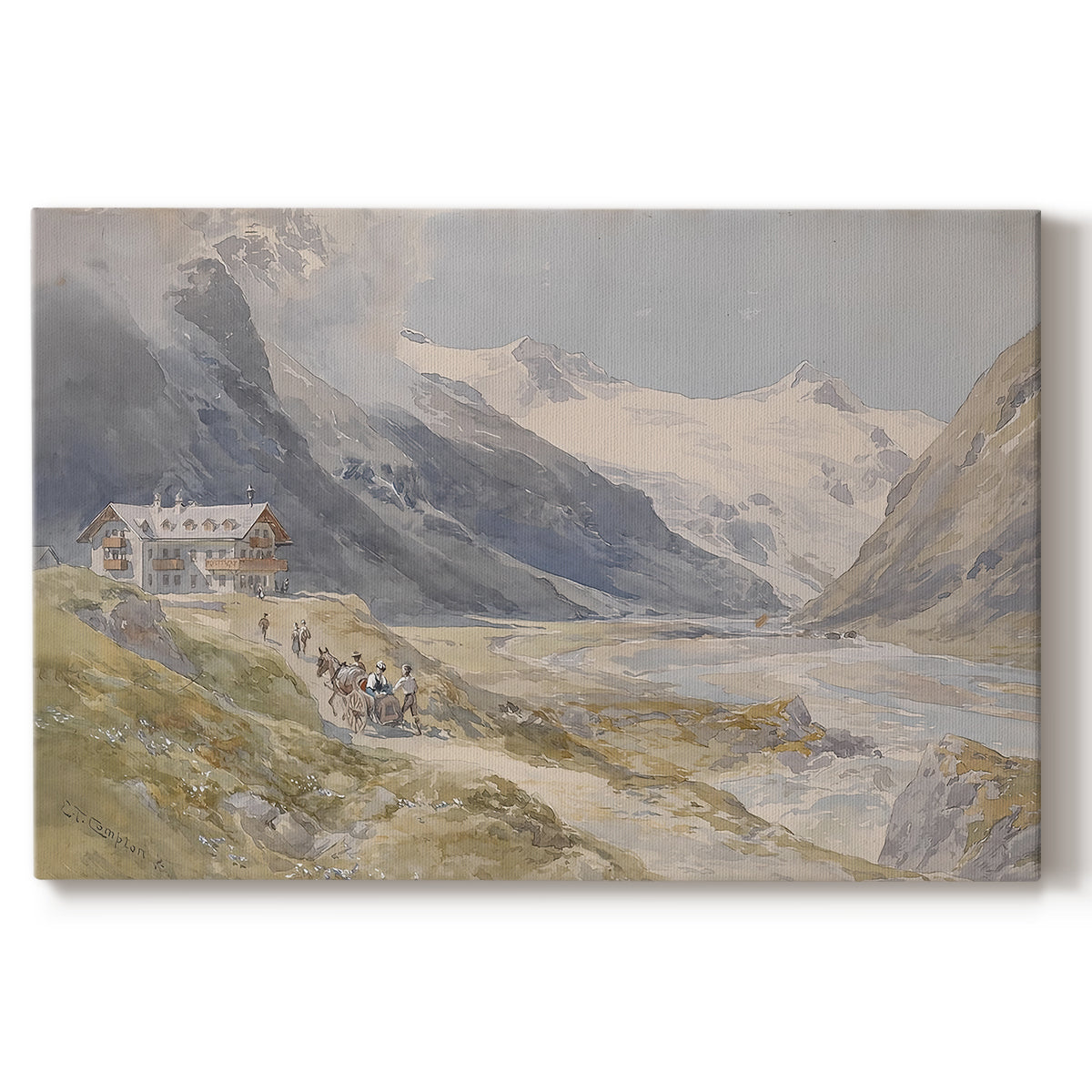 Canvas art print portraying a small group of shepherds in alpine landscape with grazing animals, set against a white background