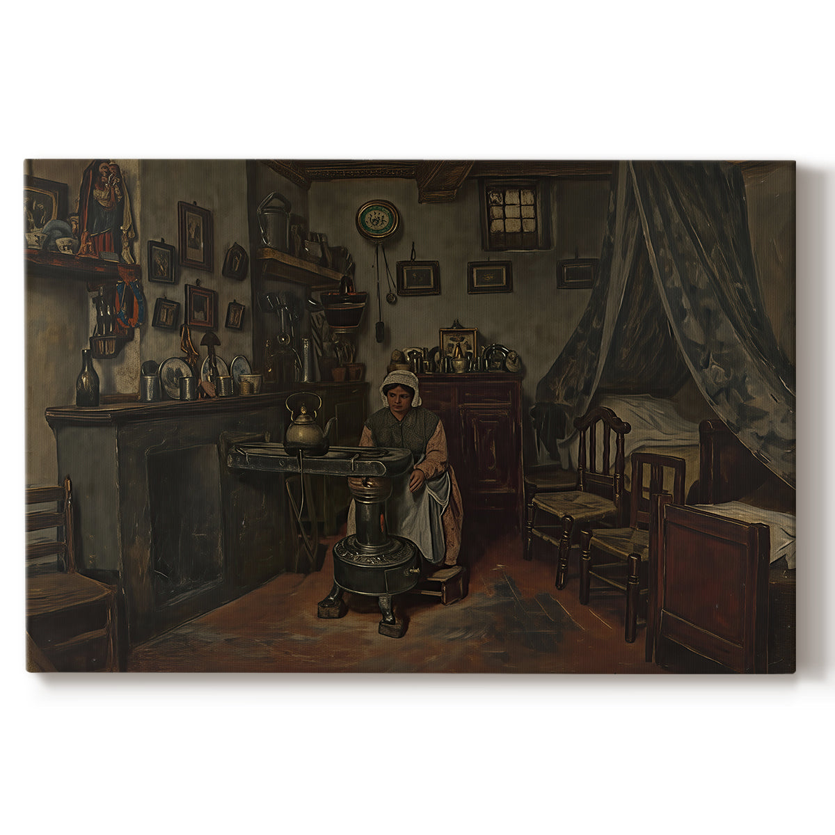 Canvas art print portraying a quiet room with figure seated near window and simple furnishings, set against a white background