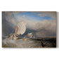 Canvas art print portraying fishing boats docked near shore with figures bargaining for fish in coastal setting, set against a white background