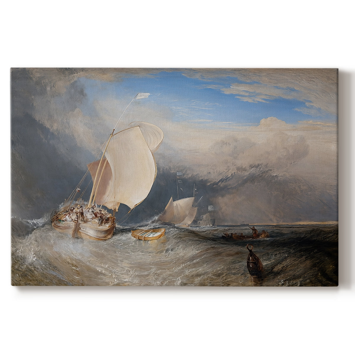 Canvas art print portraying fishing boats docked near shore with figures bargaining for fish in coastal setting, set against a white background