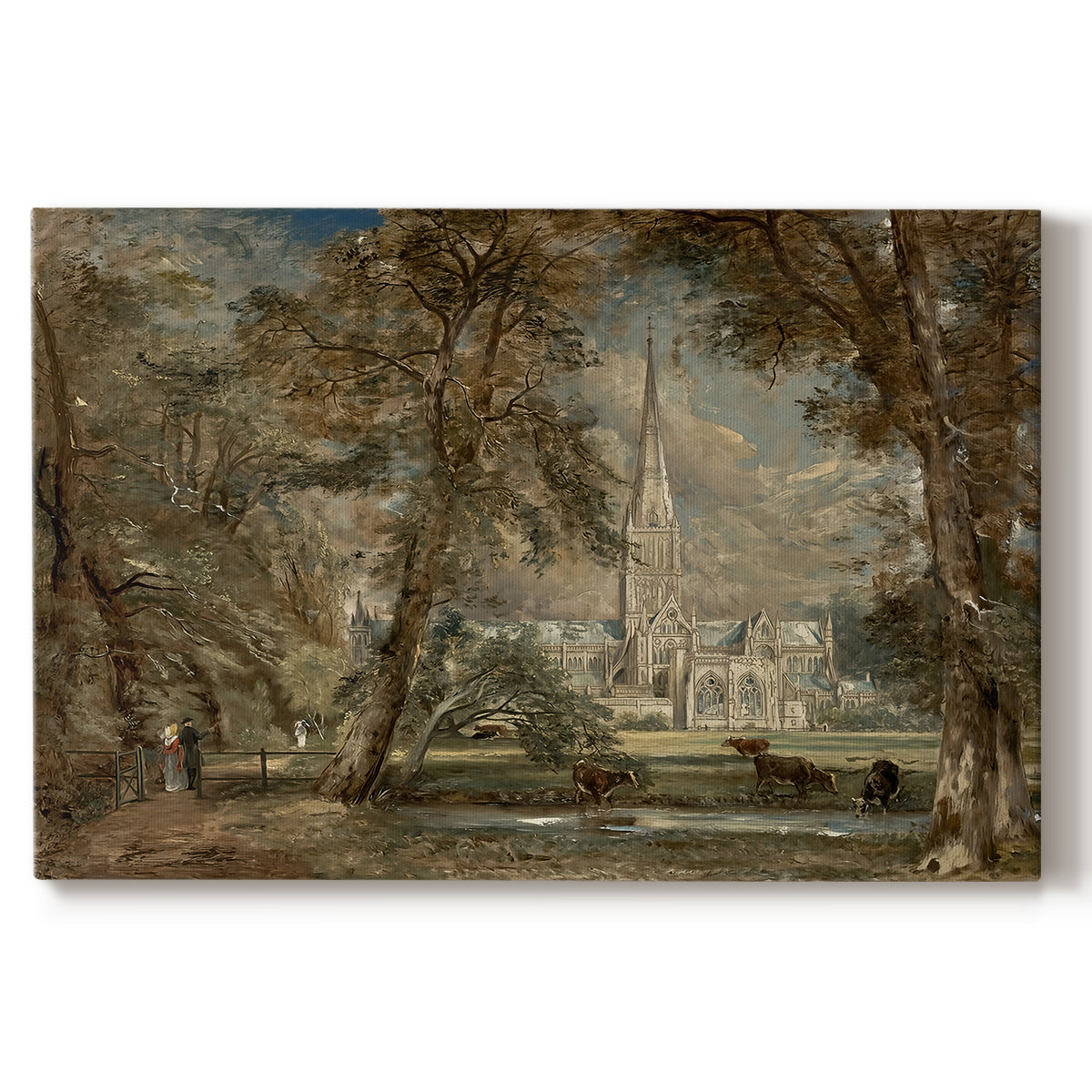 Canvas art print portraying a cathedral rising above landscape with trees and field, set against a white background