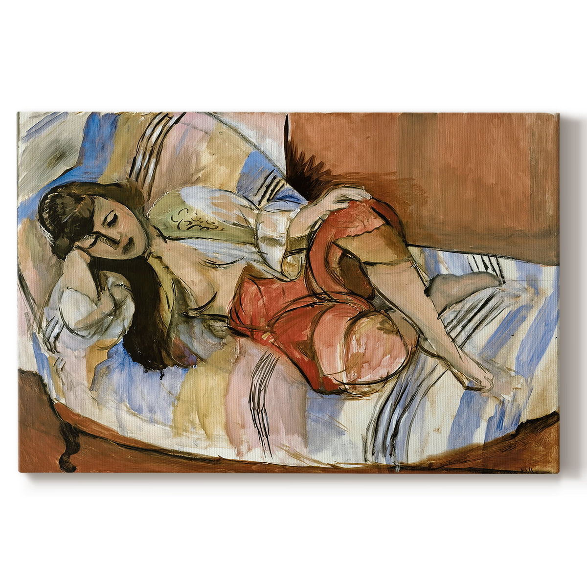 Canvas art print portraying a reclining woman resting on patterned textiles in a decorative interior, set against a white background