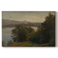 Canvas art print portraying a lake surrounded by hills with reflective water and open sky, set against a white background