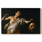 Canvas art print portraying a young David holding the severed head of Goliath against a dark background, set against a white background