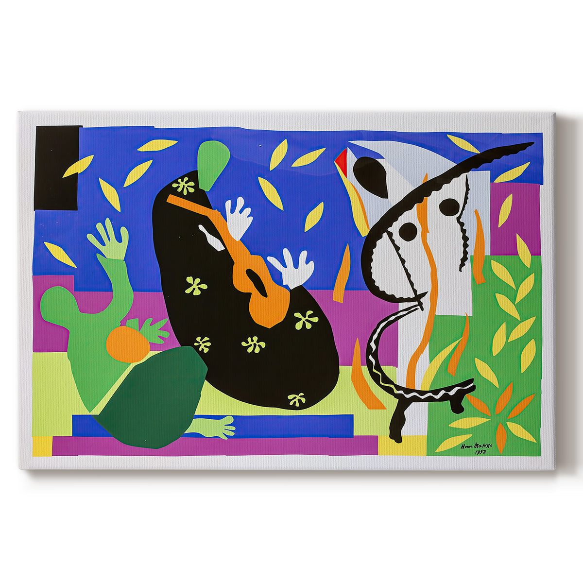 Canvas art print portraying an abstract composition with musician-like figure and shapes, set against a white background