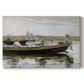 Canvas art print portraying two boys seated in small boat floating on calm water, set against a white background