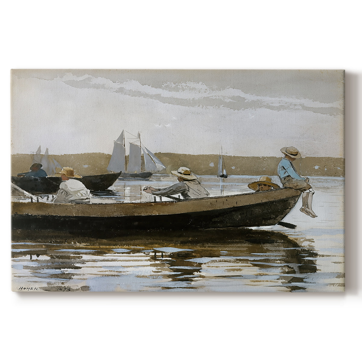Canvas art print portraying two boys seated in small boat floating on calm water, set against a white background