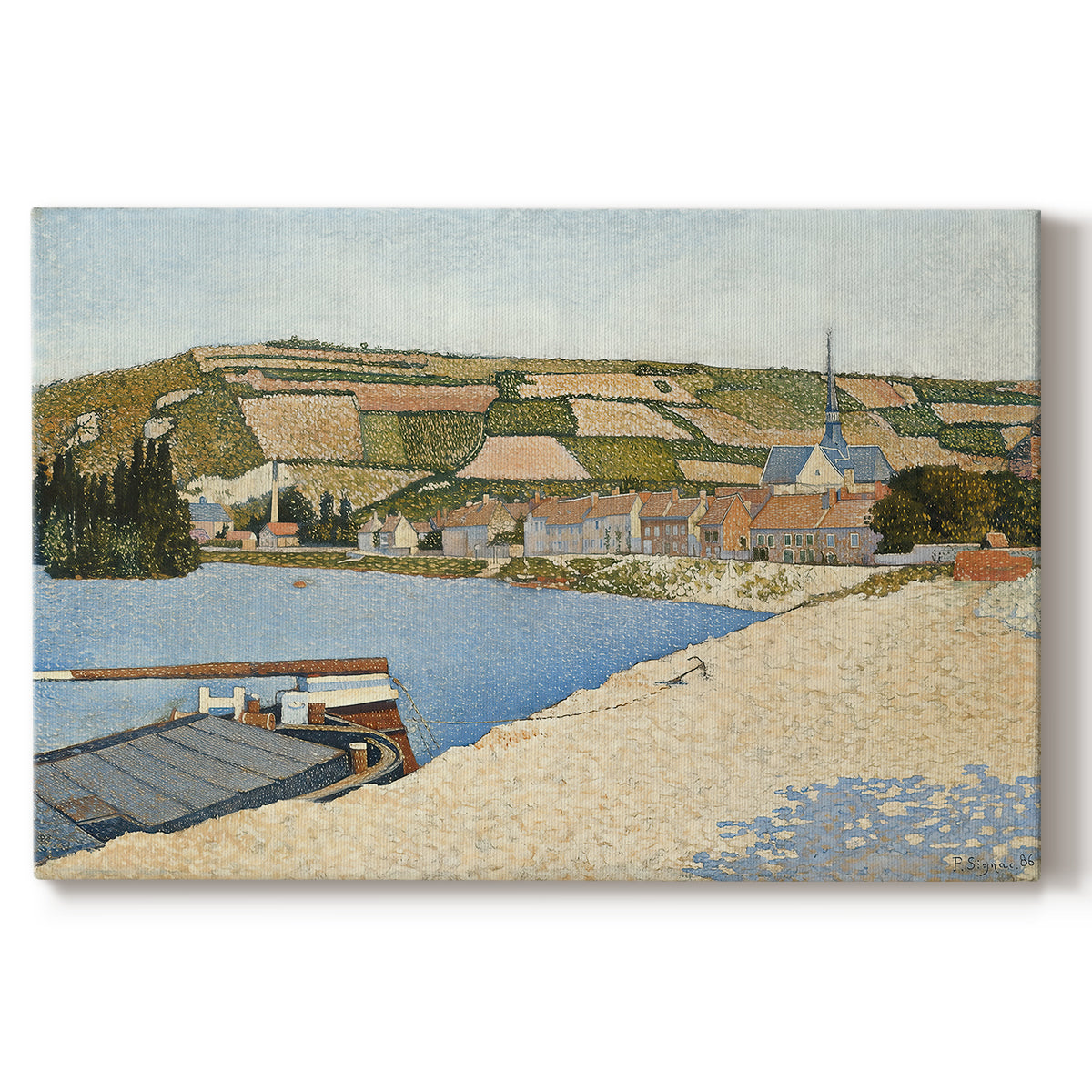 Canvas art print portraying a riverside with buildings and flowing water, set against a white background