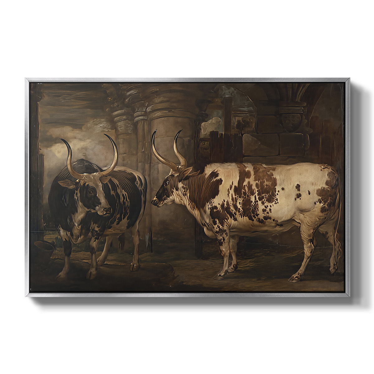 Portraits of Two Extraordinary Oxen, Property of the Earl of Powis, 1814 - Floater Framed Canvas Print