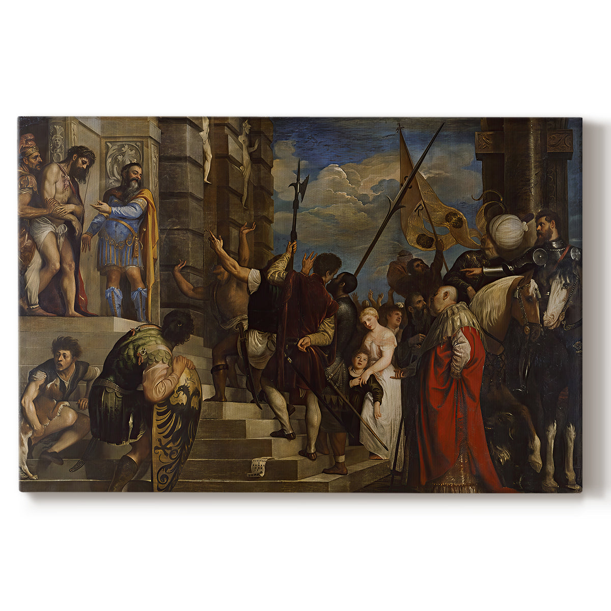 Canvas art print portraying a crowded religious scene with central figure presented before gathered crowd, set against a white background