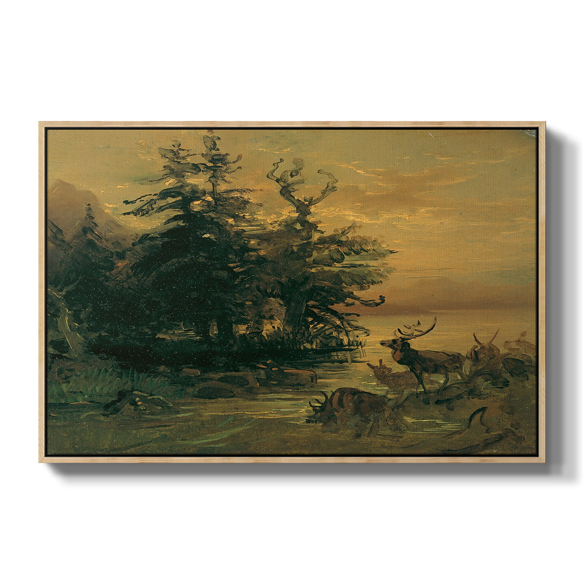 Wallowing Deer on the Shore of a Mountain Lake, c. 1850 - Floater Framed Canvas Print