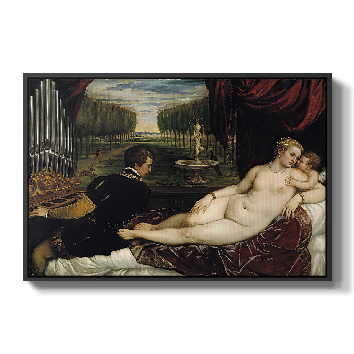 Venus with an Organist and Cupid, c. 1555 - Floater Framed Canvas Print