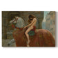 Canvas art print portraying a female figure riding horse through town, set against a white background