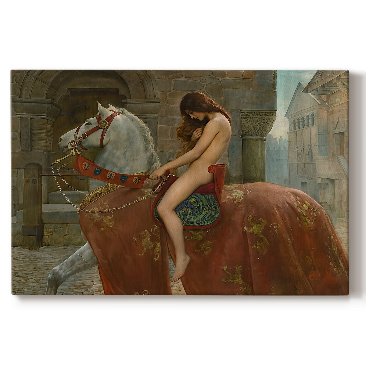Canvas art print portraying a female figure riding horse through town, set against a white background