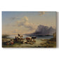 Canvas art print portraying shepherds tending cattle near lake with mountains, set against a white background