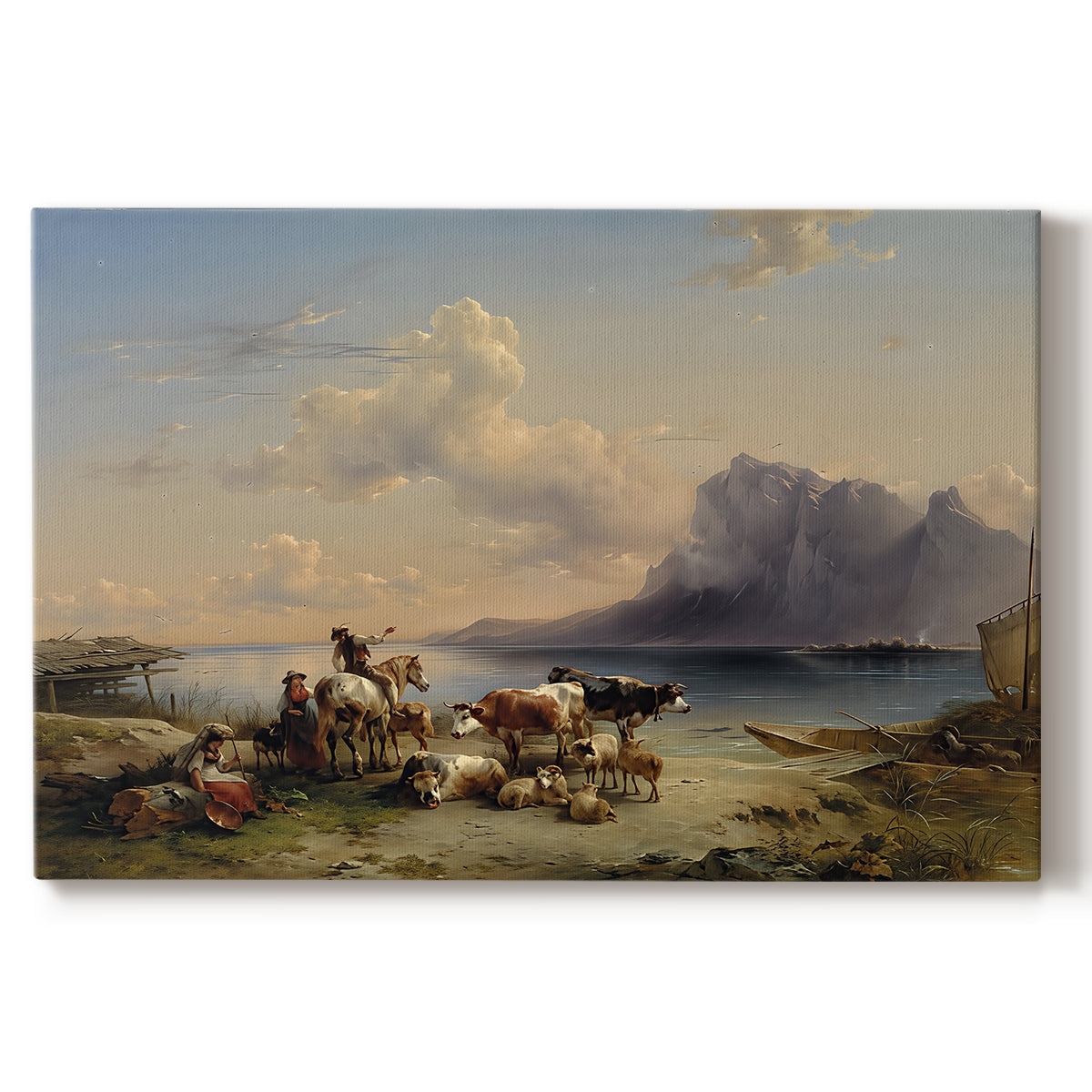 Canvas art print portraying shepherds tending cattle near lake with mountains, set against a white background