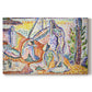 Canvas art print portraying figures relaxing in a bright coastal landscape with water and trees, set against a white background