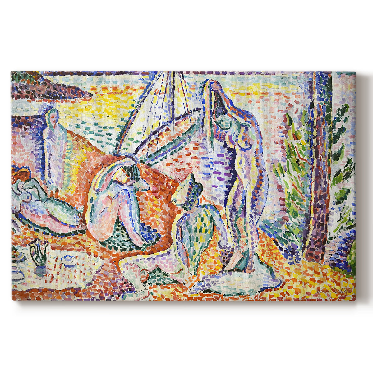 Canvas art print portraying figures relaxing in a bright coastal landscape with water and trees, set against a white background