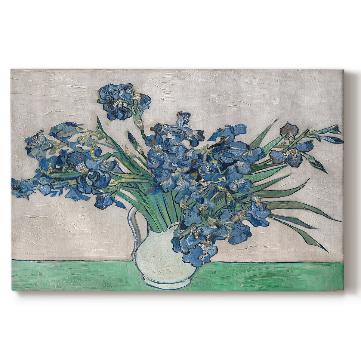 Canvas art print portraying a cluster of irises blooming with flowing brushstrokes and vivid color, set against a white background