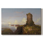 Canvas art print portraying a coastal landscape with ruined tower overlooking sea, set against a white background