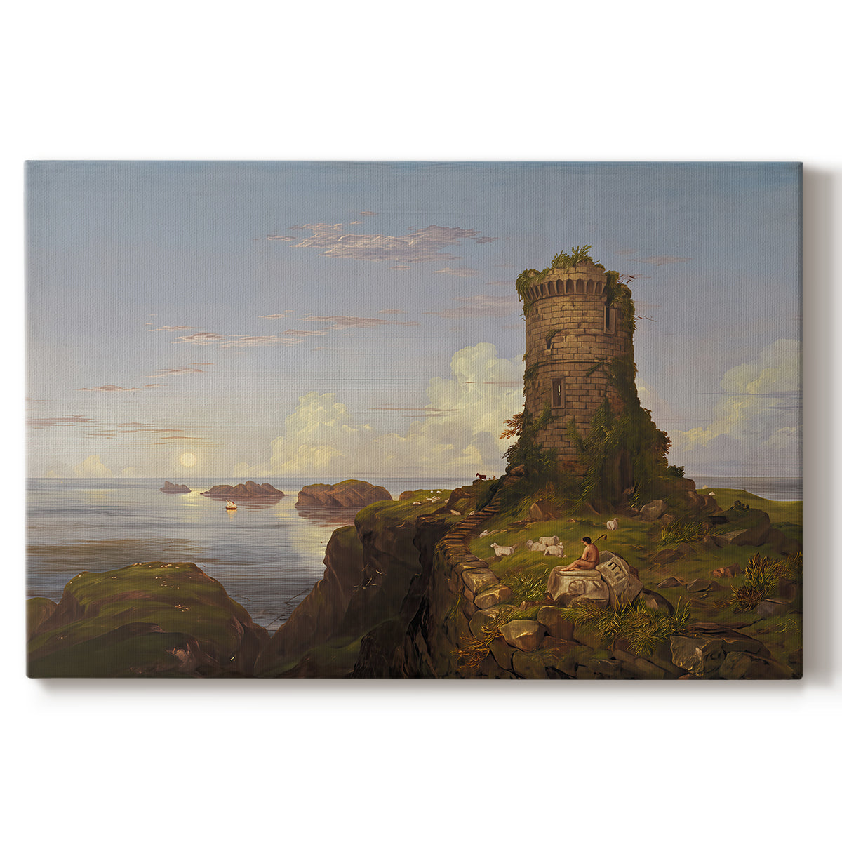 Canvas art print portraying a coastal landscape with ruined tower overlooking sea, set against a white background