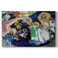 Canvas art print portraying a dense abstract composition with figures and forms suggested through bold color contrasts, set against a white background