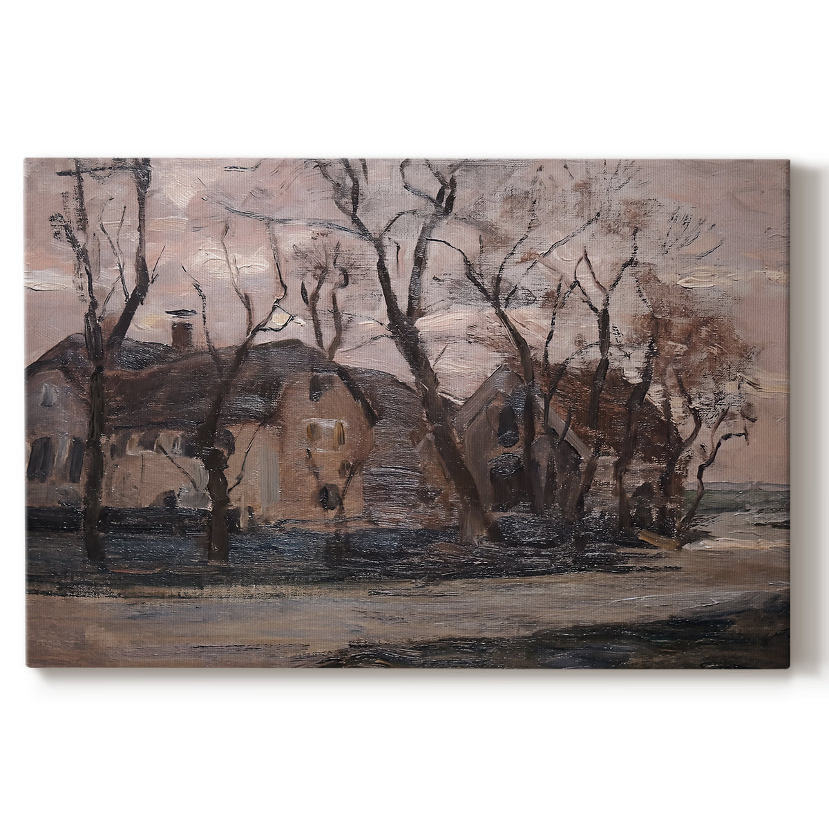 Canvas art print portraying a farmhouse and trees in muted evening landscape, set against a white background