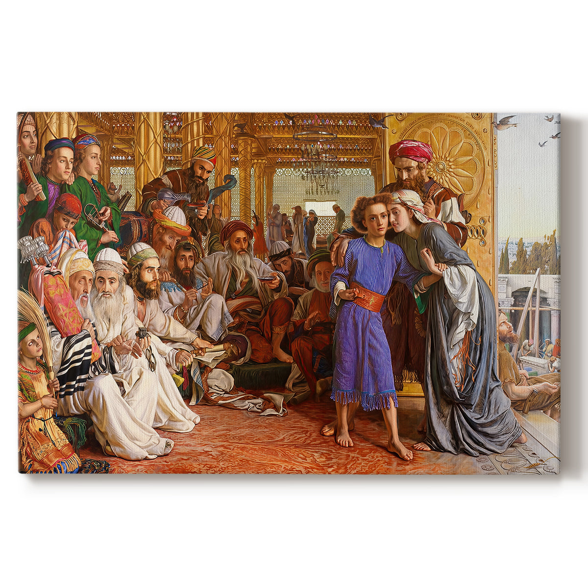 Canvas art print portraying a crowded temple scene with figures in robes surrounding central figure, set against a white background