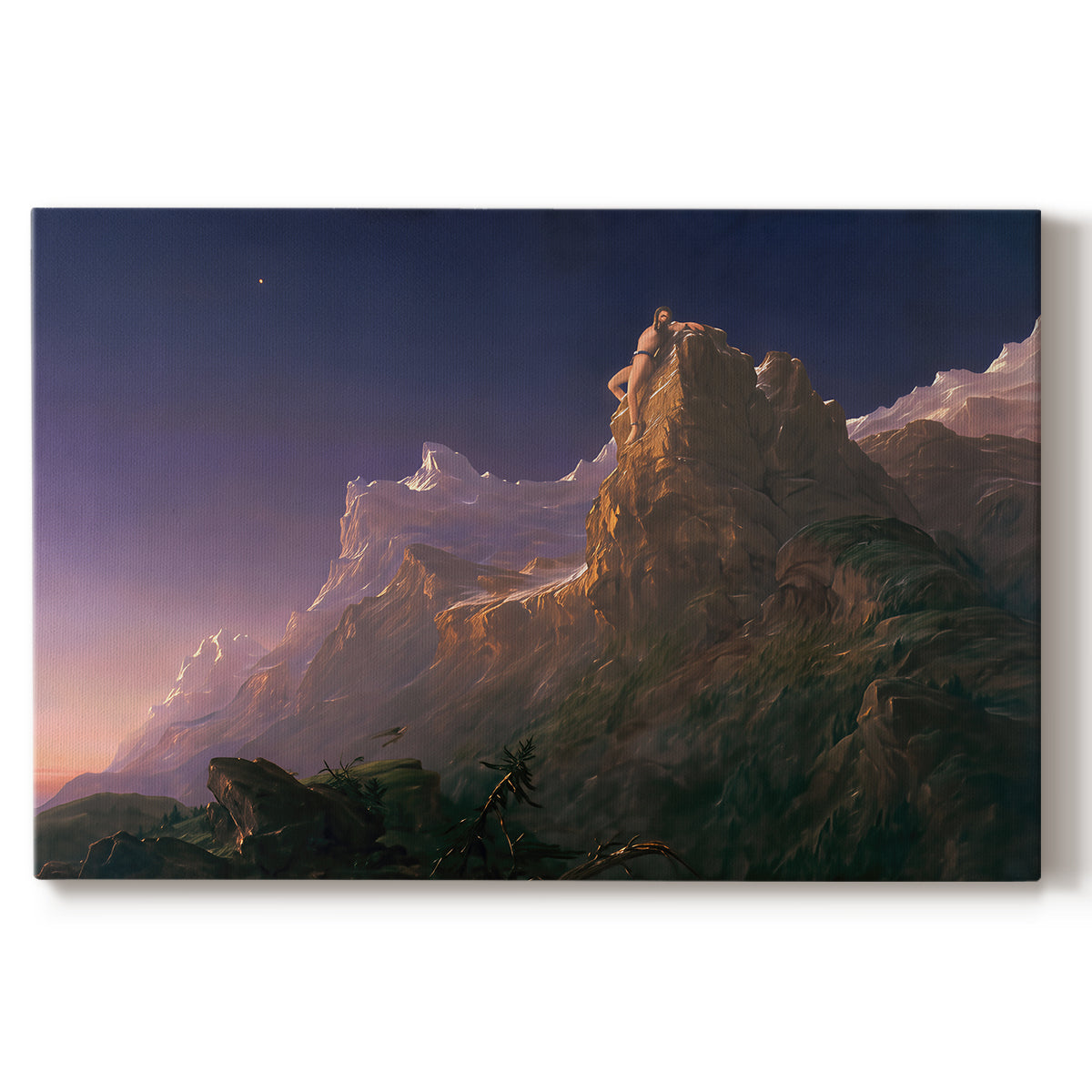 Canvas art print portraying a mythological figure chained within vast mountainous landscape, set against a white background
