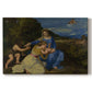 Canvas art print portraying Madonna seated with child in landscape beside soft blue water and sky, set against a white background