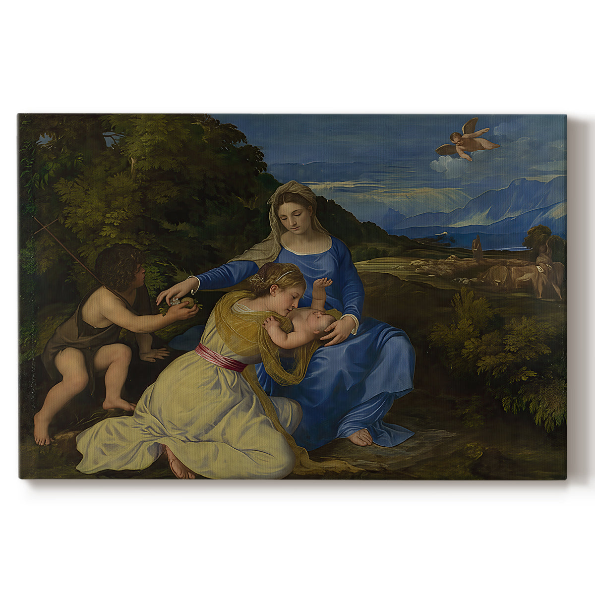 Canvas art print portraying Madonna seated with child in landscape beside soft blue water and sky, set against a white background