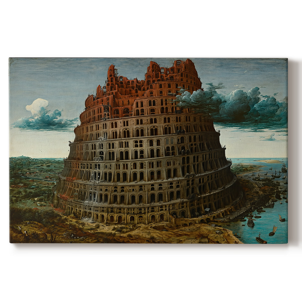 Canvas art print portraying a massive tower under construction rising above landscape, set against a white background
