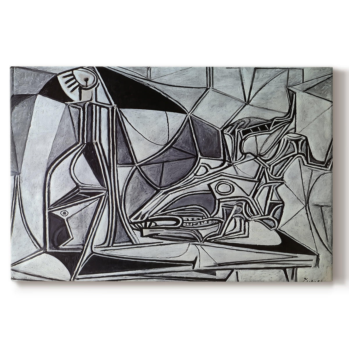 Canvas art print portraying an abstract still life with skull bottle and candle, set against a white background